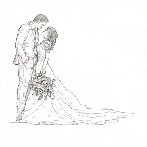 A Bride And Groom On The Beach At Sunset