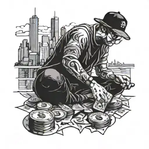 A Hustler Counting Money With A City Skyline In The Background