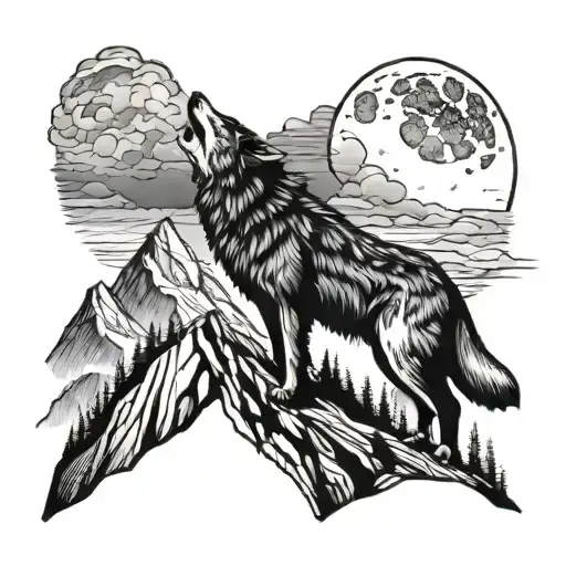A Wolf Howling At The Moon While Standing On Top Of A Mountain Peak