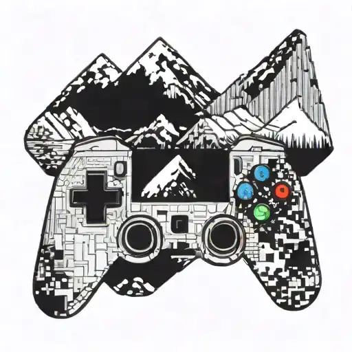 A Pixelated Gaming Controller Merging Into A Mountain Landscape