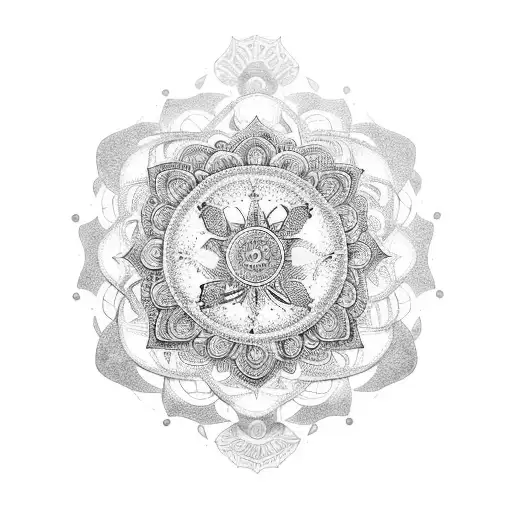 A Blackwork Tattoo Of A Mandala Incorporating Elements Of Indian Music And Plants