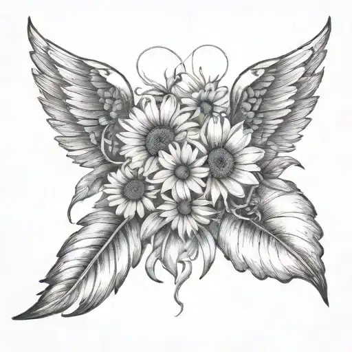 A Beautiful Daisy Birth Flower Intertwined With 4 Angel Wings 4-23-2024