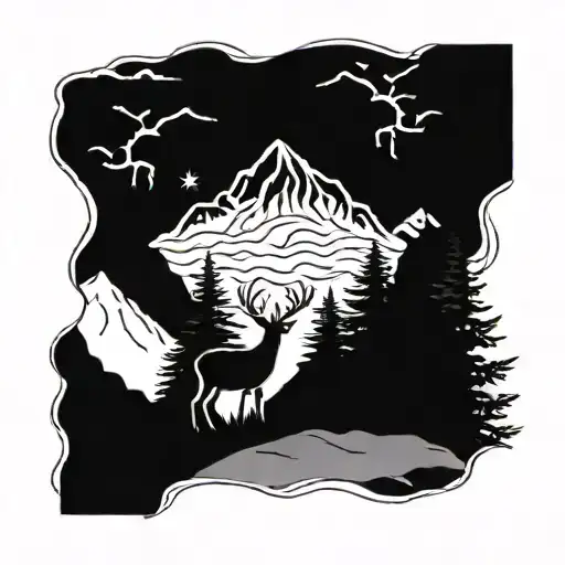 Mountains With Trees And Deer Standing