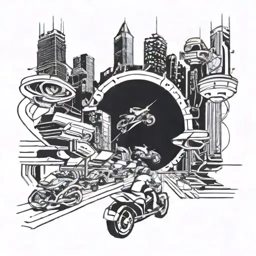 A Futuristic Cyberpunk Cityscape With Cars And Motorbikes Racing Through The Neon-lit Streets