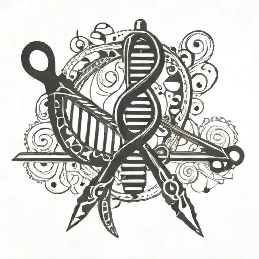 Dna Double Helix Intertwined With Musical Notes And Hair Cutting Scissors
