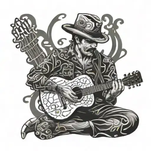 A Smoking Guitar Player Surrounded By Musical Notes And Lyrics From Favorite Corridos Songs