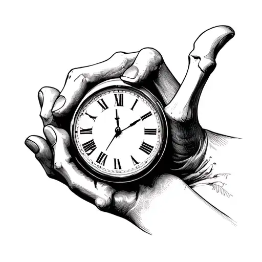 Bone Hand Hold Clock In Between Fore Finger And Pinky