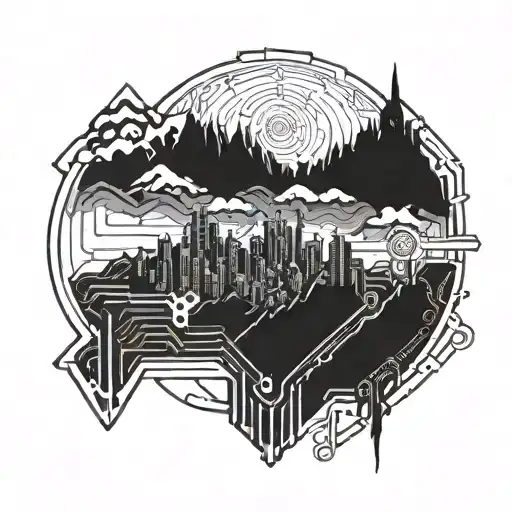 A Futuristic Circuit Board Design Intertwined With Mountain Peaks