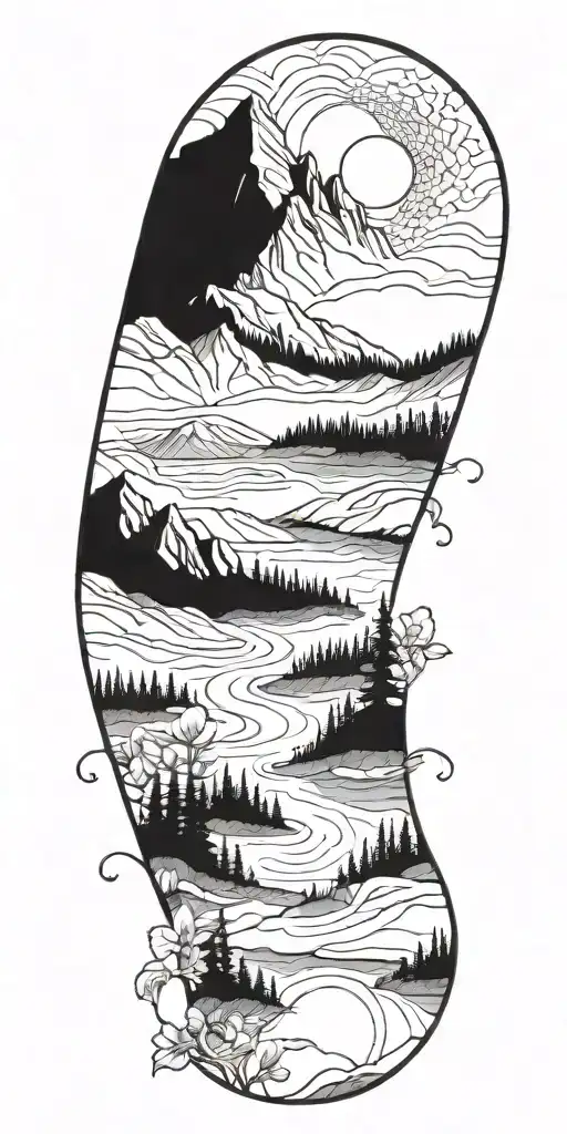 A Detailed Rocky Mountain Landscape With Floral Pattern