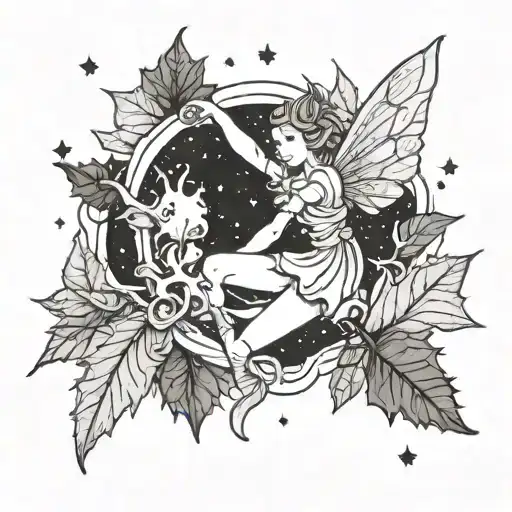 A Tooth Fairy Flying Through A Night Sky Filled With Autumn Leaves