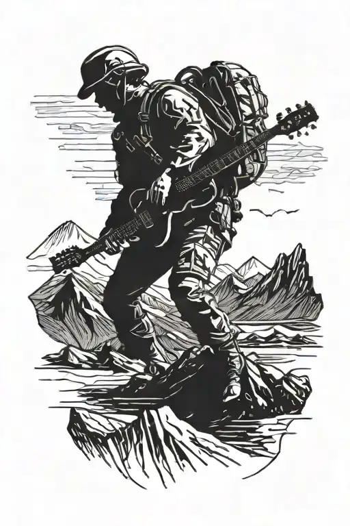 A Silhouette Of A Soldier Playing A Guitar On A Mountain Peak
