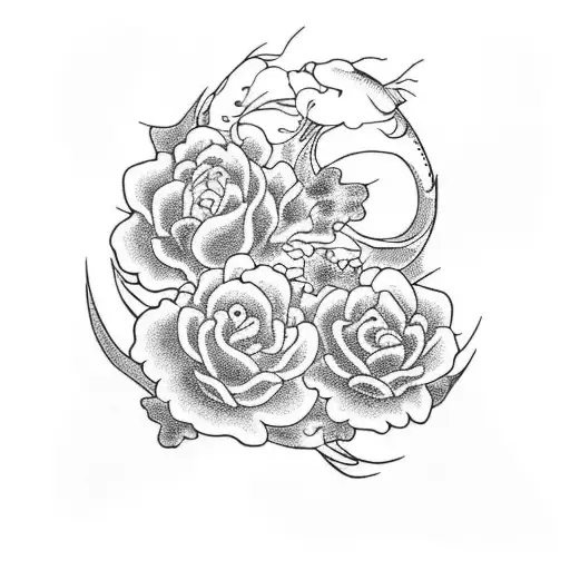 A Blackwork Tattoo Of A Japanese Koi Fish Swimming Through A Field Of Navy Blue Roses