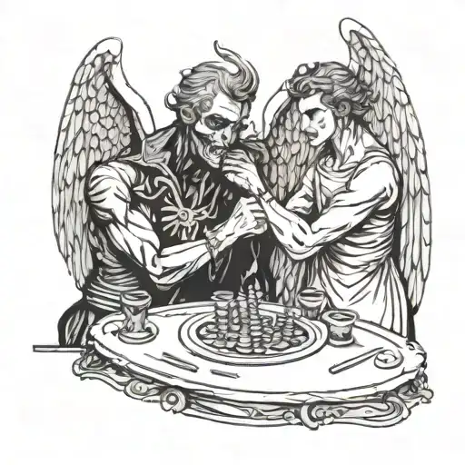 An Angel And Demon Playing Russian Roulette At A Table Facing Each Other