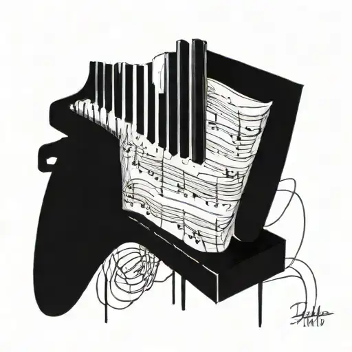 A Blackwork Tattoo Of A Piano Keyboard Intertwined With Paintbrush Strokes And Book Pages