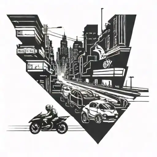 A Futuristic Cyberpunk Cityscape With Cars And Motorbikes Racing Through The Neon-lit Streets