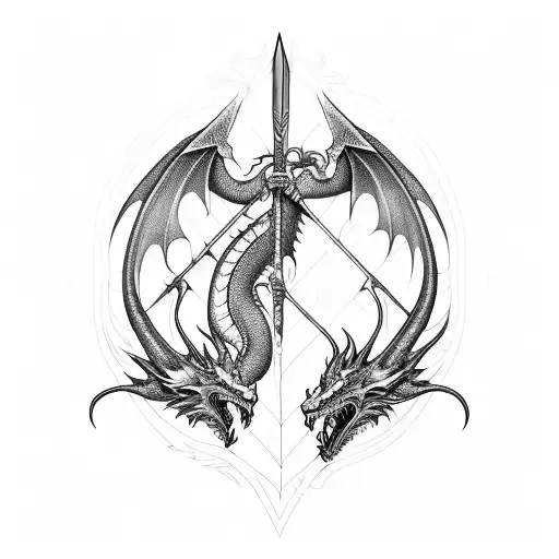 Blackwork Design Of A Dragon And Sword With Intricate Wing Details