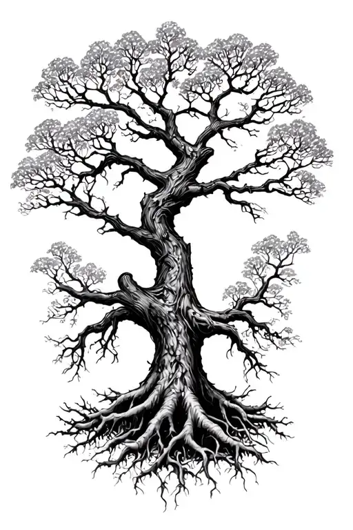 Black And White Gaelic Rowan Tree With Roots Reaching Deep