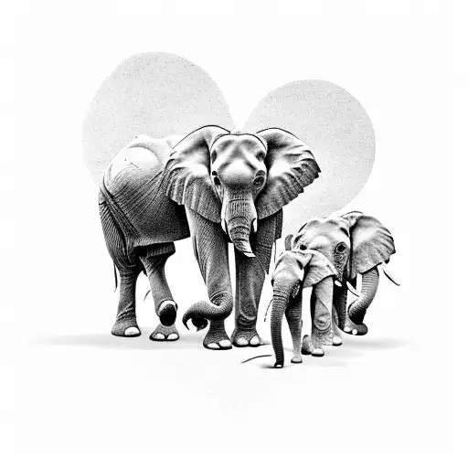 A Family Of Elephants Walking In A Straight Line