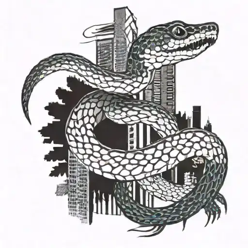 A Tattoo Of A Snake Weaving Through A Forest Of Skyscrapers