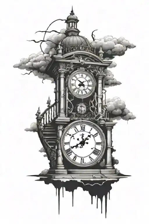 Clock With Clouds And Lightning At End Of Long Staircase