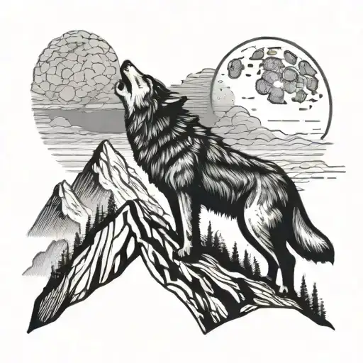 A Wolf Howling At The Moon While Standing On Top Of A Mountain Peak