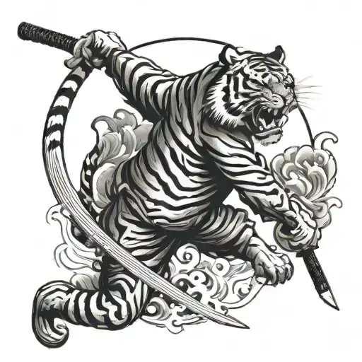 A Tiger Wielding A Katana In A Traditional Japanese Setting