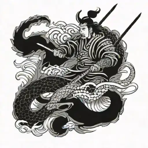 A Samurai Warrior Battling A Sea Serpent In A Blackwork Style