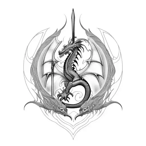 Blackwork Design Of A Dragon And Sword With Intricate Wing Details