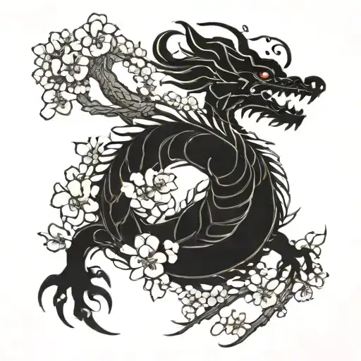 A Dragon Wrapped Around A Blooming Cherry Blossom Tree
