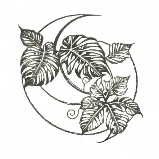 An Abstract Design Of A Monstera Leaf Merging Into A Crescent Moon