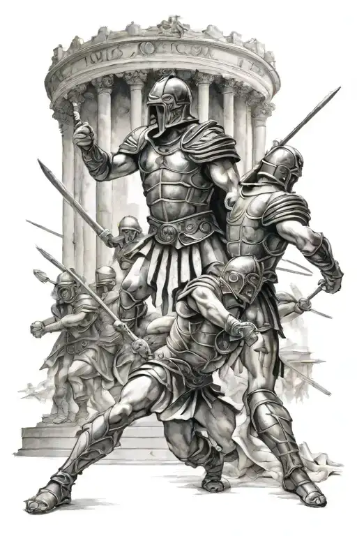 Gladiator Battle In An Ampi Theatre With Roman Centurions Watching