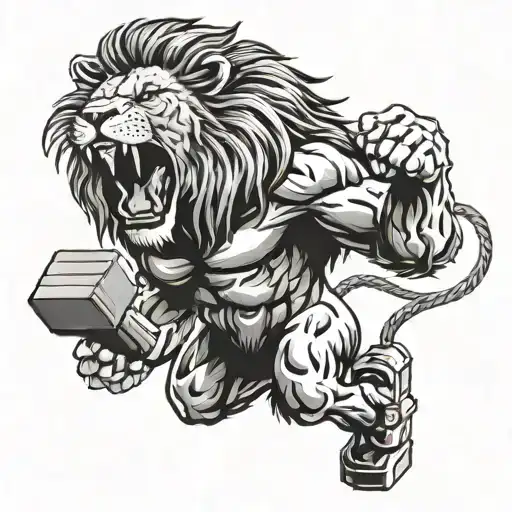 A Lion Roaring Fiercely While Lifting Weights In A Gym Setting