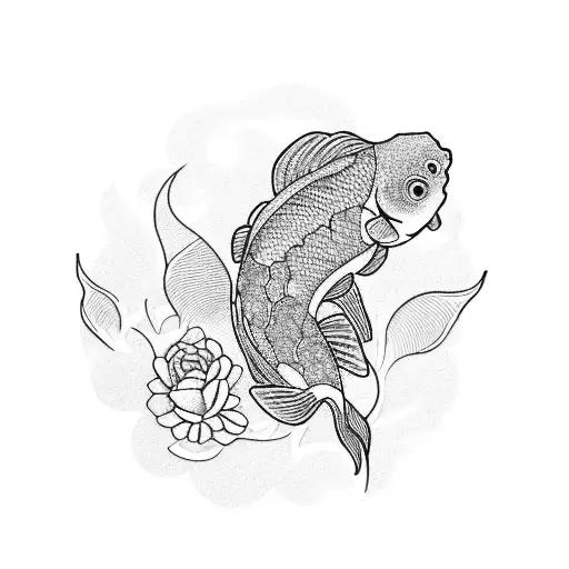 A Blackwork Tattoo Of A Japanese Koi Fish Swimming Through A Field Of Navy Blue Roses