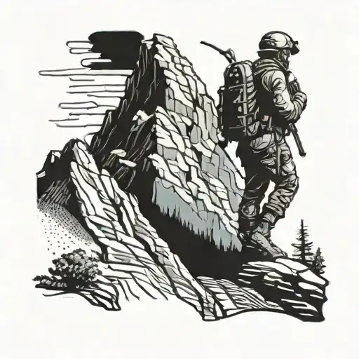 Mountain Landscape With A Silhouette Of A Soldier Hiking In Full Military Uniform