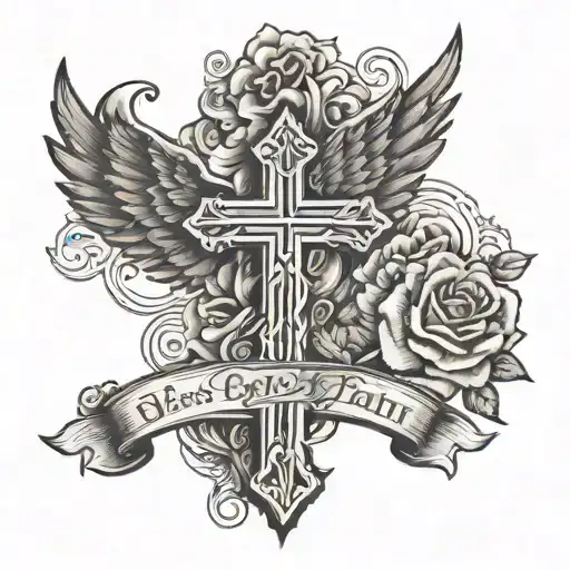 Cross With Wings With Praying Hands That Says Blessed Up To A Stair Case To Heaven With A Rose