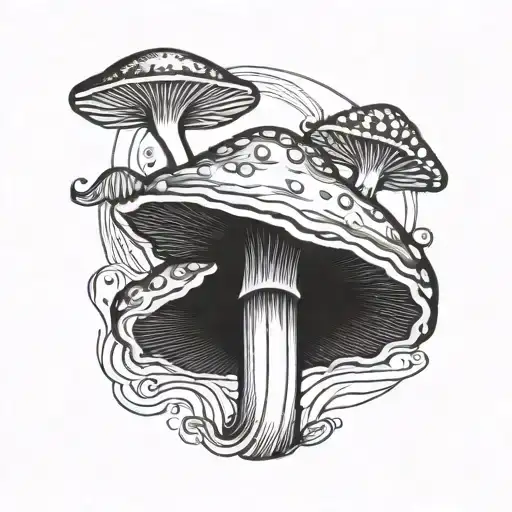 A Blackwork Tattoo Of A Psychedelic Mushroom Morphing Into A Clutch Logo