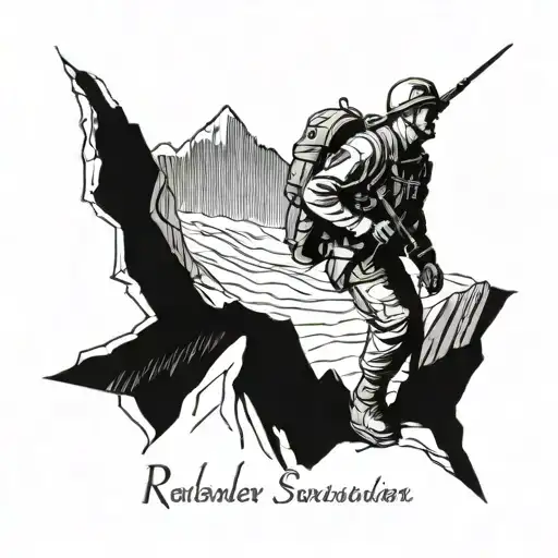 Illustrative Tattoo Of A Soldier Climbing A Mountain With A Quote In Russian About Perseverance