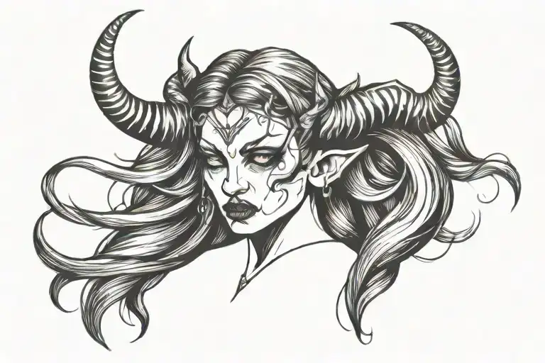 Face Demon Female With Long Hair And Horns