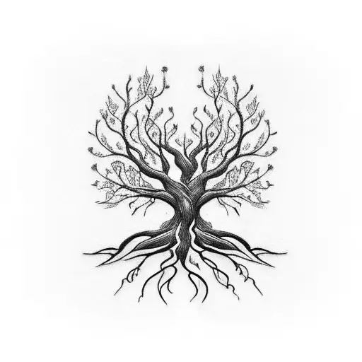 A Blackwork Tattoo Of A Tree With Roots Shaped Like Musical Instruments