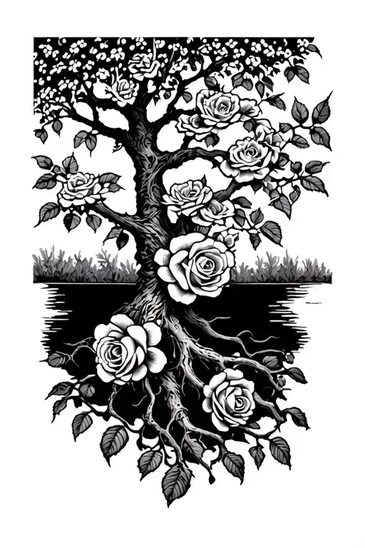 Rowan Tree With Roses Blooming From Roots