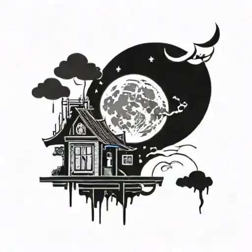 Simple Terrace With Moon And Thunder