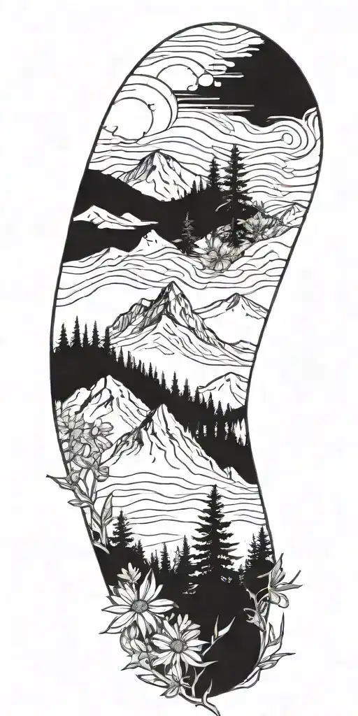 A Sketch-style Tattoo Of A Mountain Landscape With Pine Trees And Daisies Scattered Throughout