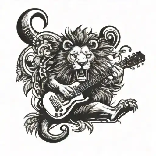Lion Singing And Playing Guitar With A Football In Foot