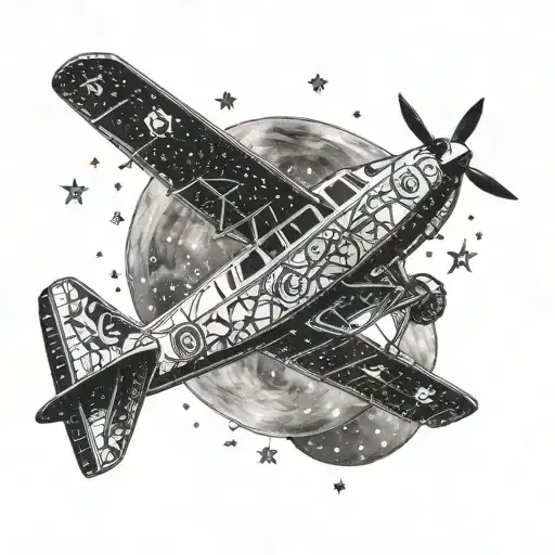 A Detailed Blackwork Tattoo Of A Cessna Airplane Flying Through A Galaxy Filled With Stars