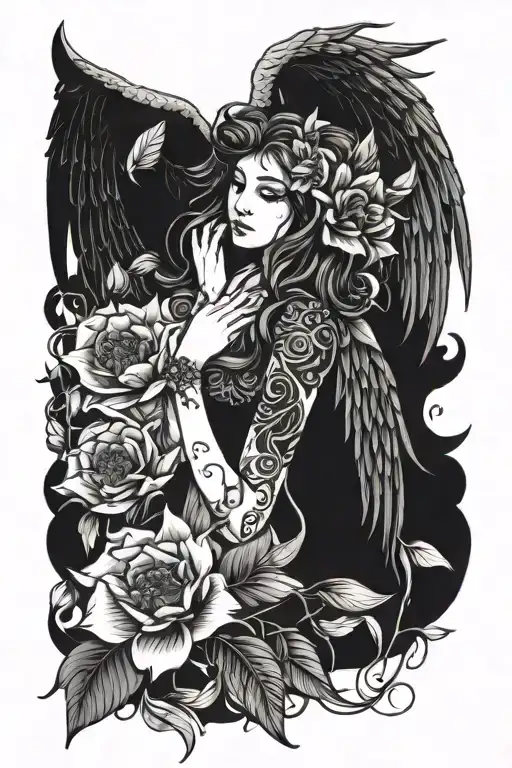 Feminine Dark Angel With Flowers
