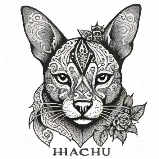 Incorporate A Stylized Portrait Of A Pet With The Name 'Hachu' In A Blackwork Style