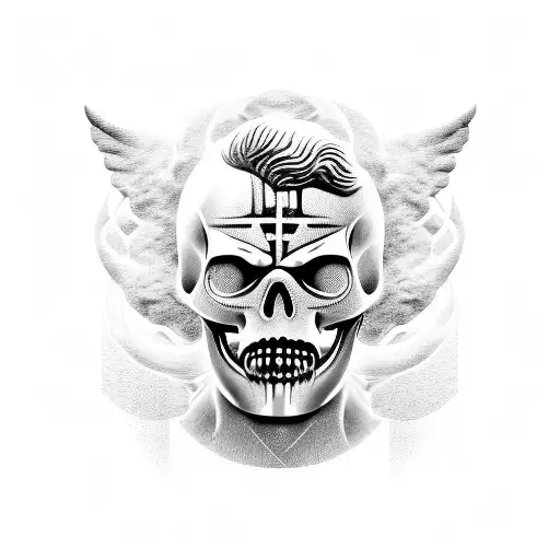 Ancient Greek Statue With Fire Earth Wind Water Tattoo Design With The Half Face Skull