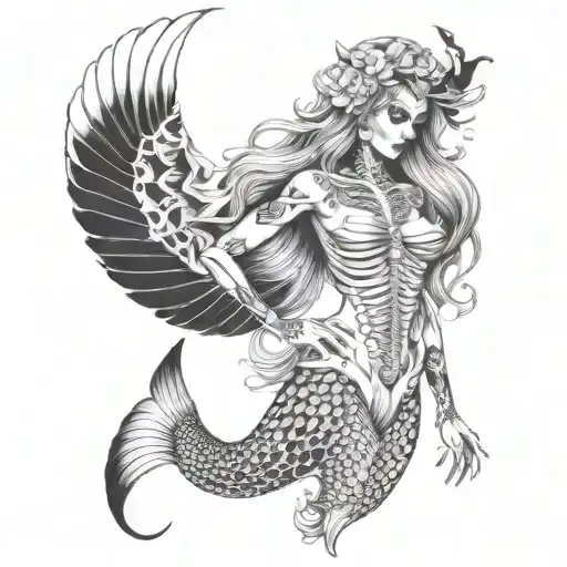 Full Mermaid Tattoo Half Skeleton Demon Half Beautiful