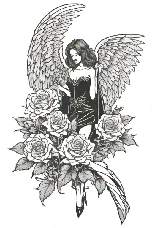 Female Sexy Dark Angel With Flowers