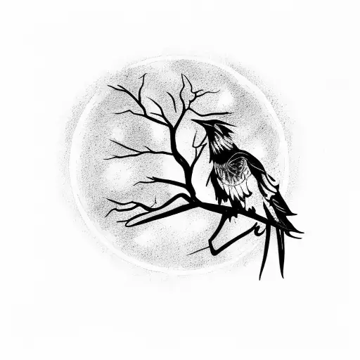 A Raven Perched On A Twisted Tree Branch With A Full Moon In The Background